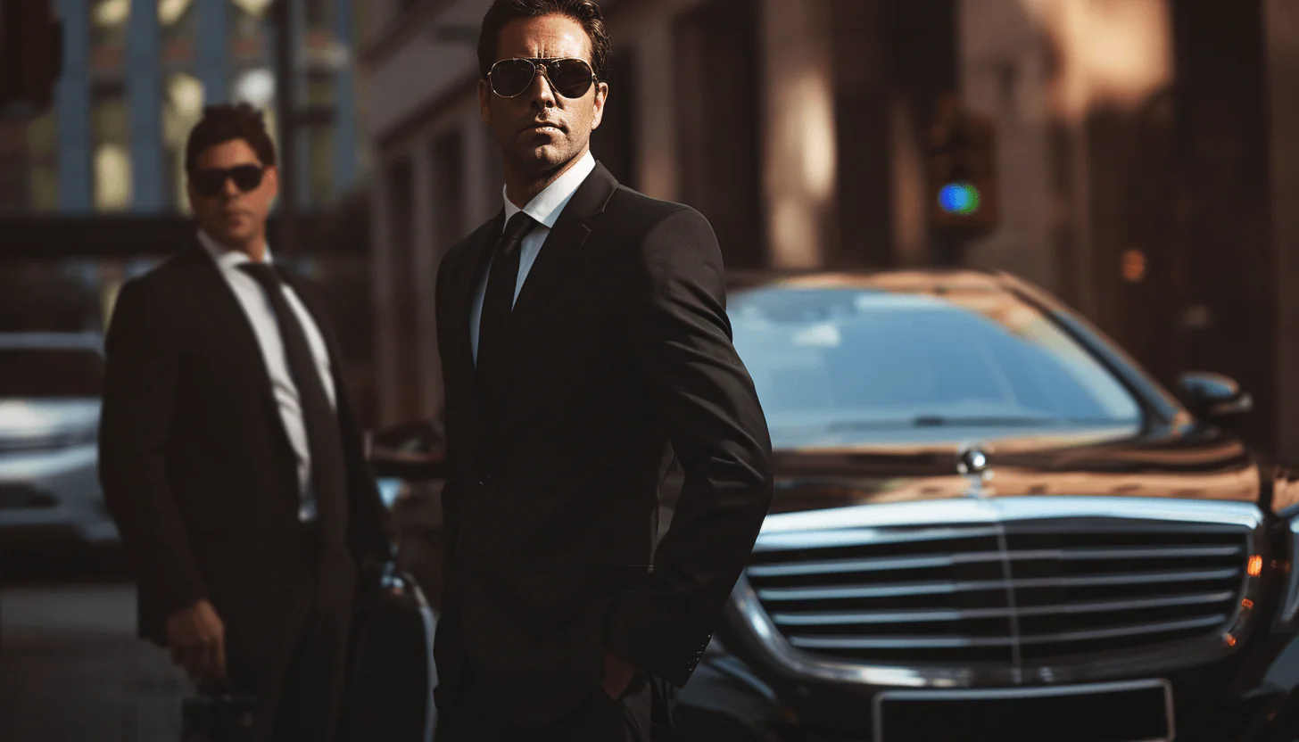 Chauffeur in a suit beside a black sedan, Canoga Park