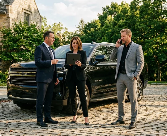 Business group beside a black Suburban in Canoga Park