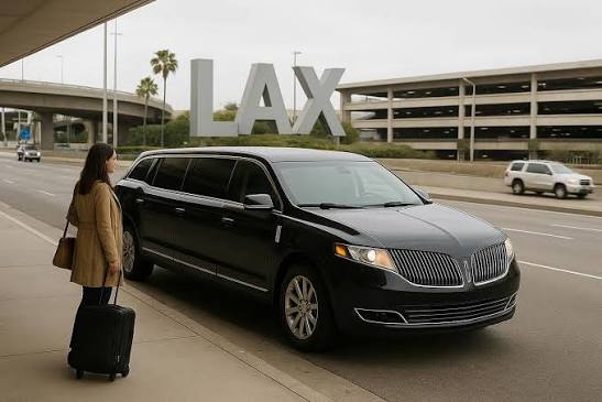 Traveler with a suitcase beside a black stretch limousine at the LAX sign