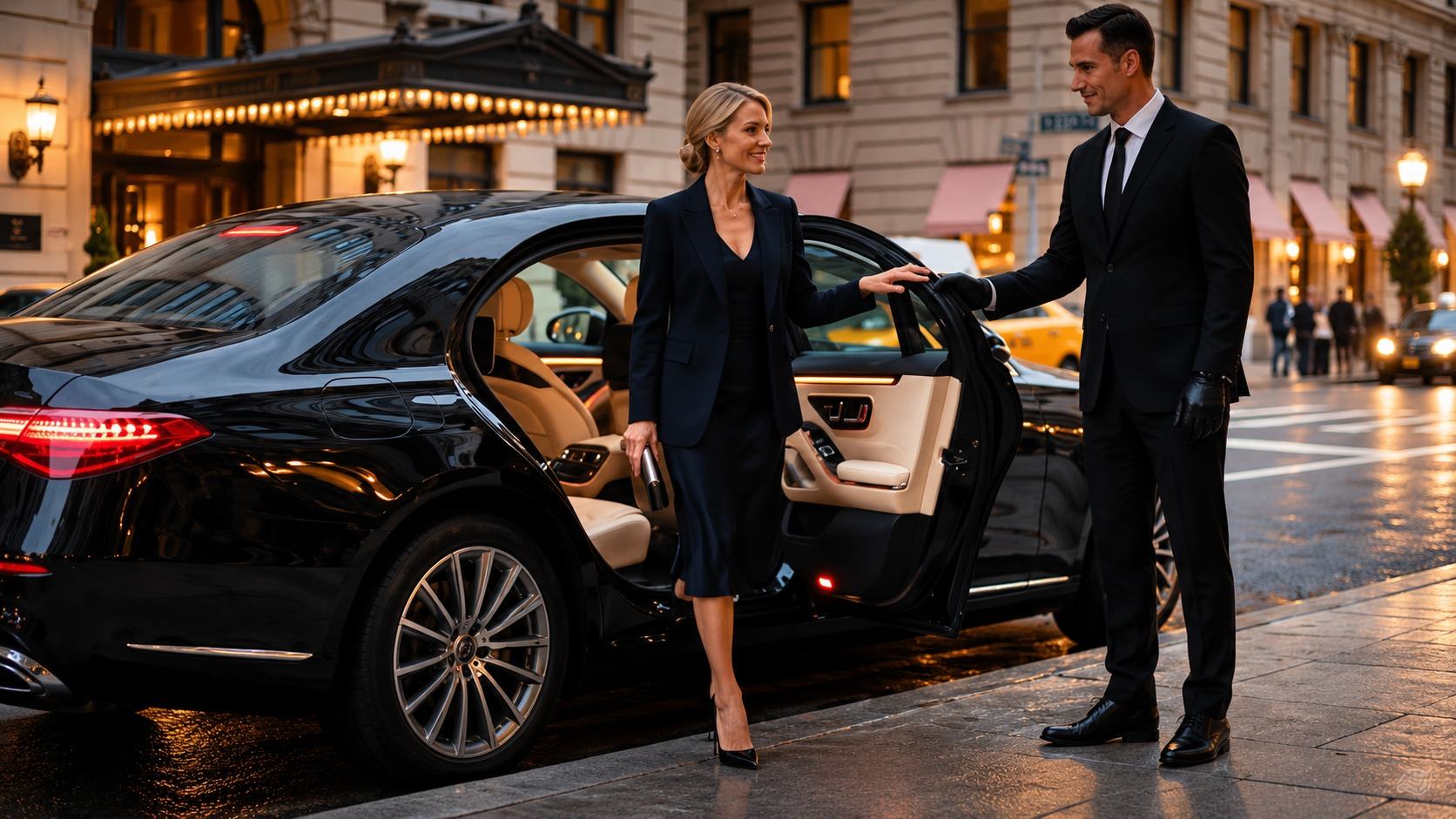 Chauffeur holding the door as a business traveler steps out of a black sedan