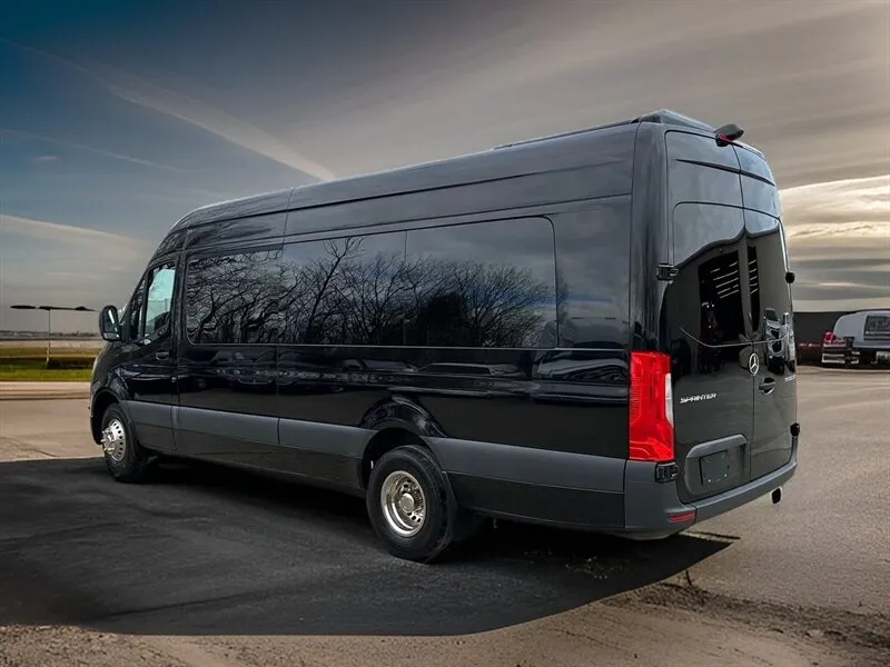 Black Mercedes Sprinter, rear three-quarter view