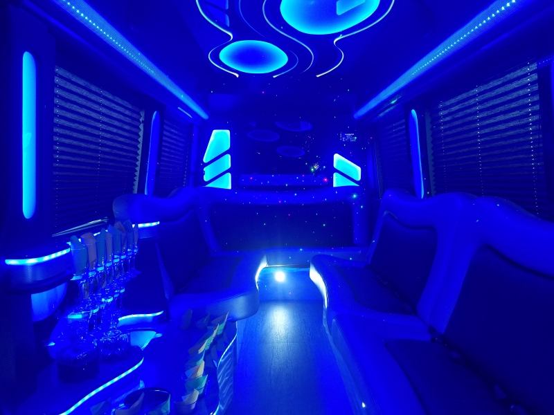 Mercedes Sprinter party interior with blue lighting