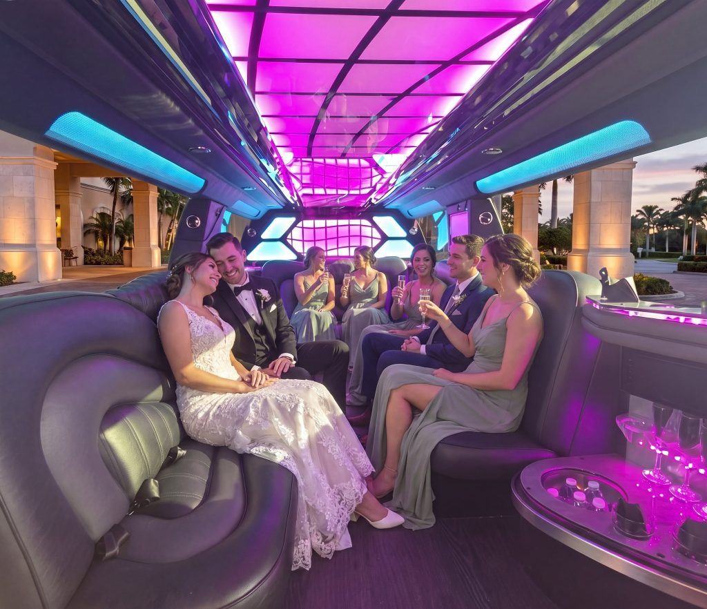 Wedding party celebrating inside a stretch limousine